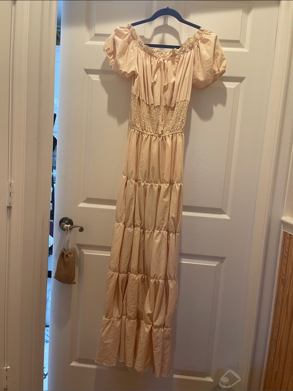 Blush cream colored peasant style Smocked Bodice Maxi Dress